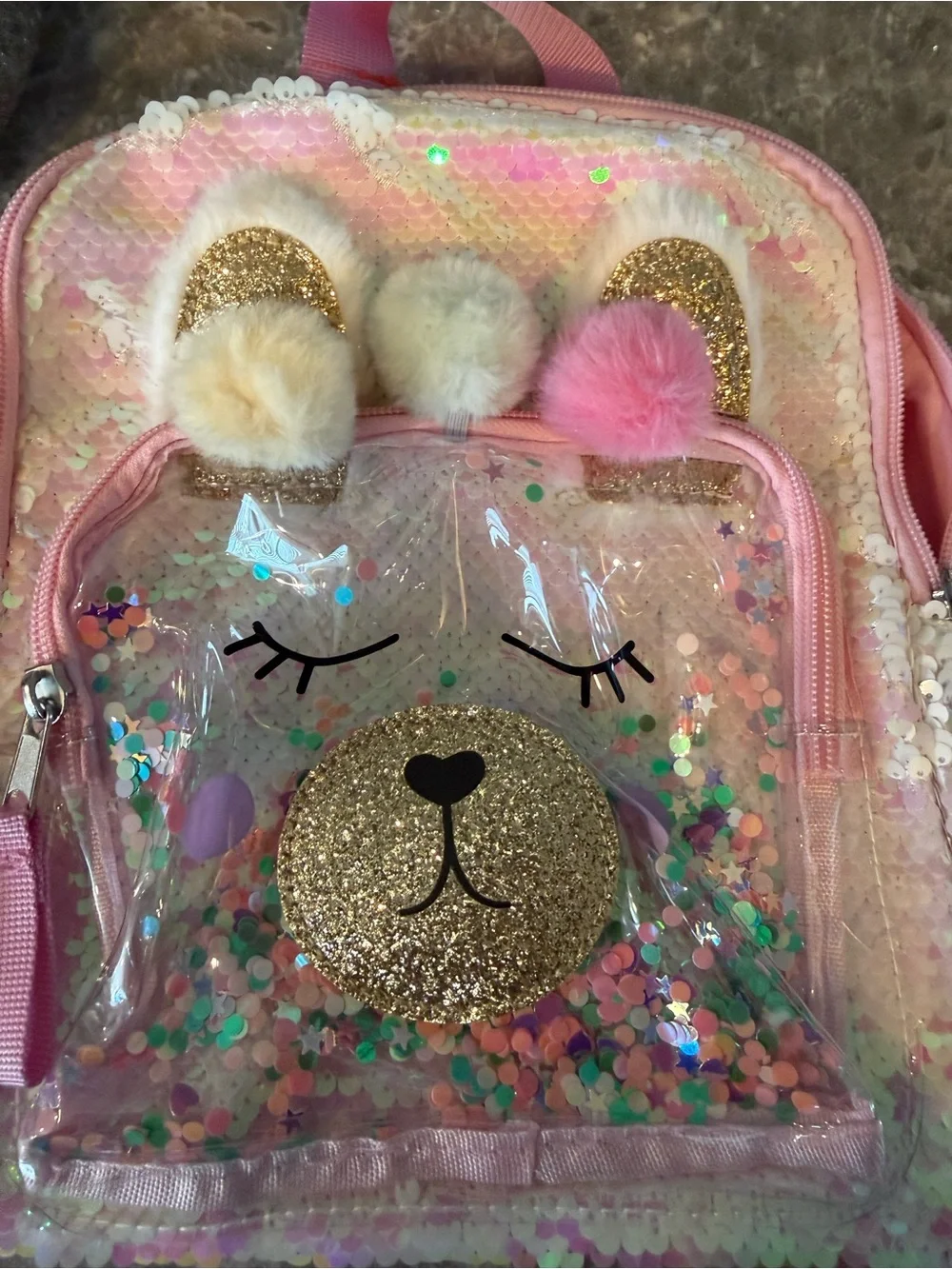 Cat & Jack Pink Sequin Unicorn Bear Kids Backpack with Pom Poms